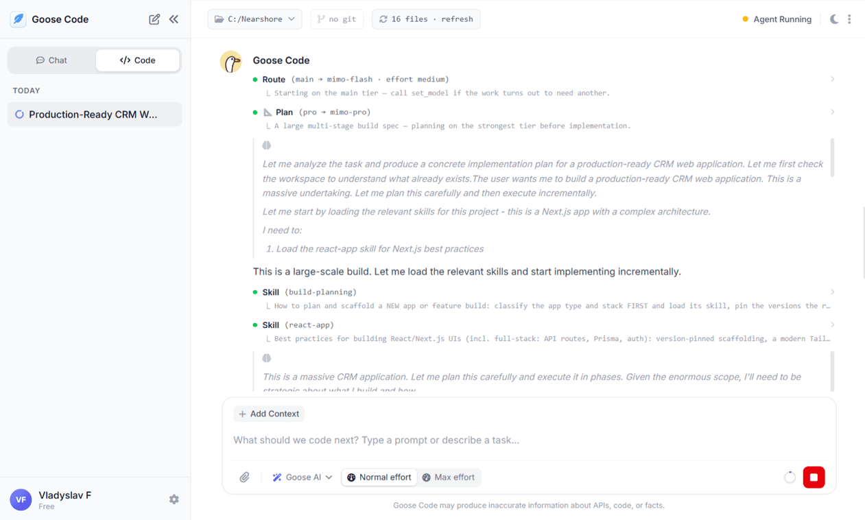 Goose Code coding agent planning a production build in light theme