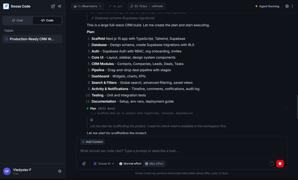 Goose Code showing a multi-step build plan in dark theme