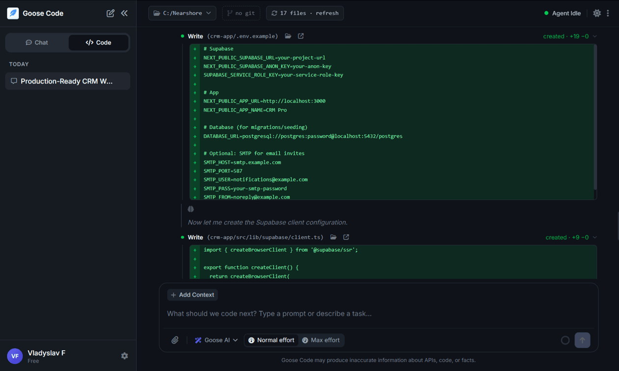 Goose Code writing production code across files in dark theme